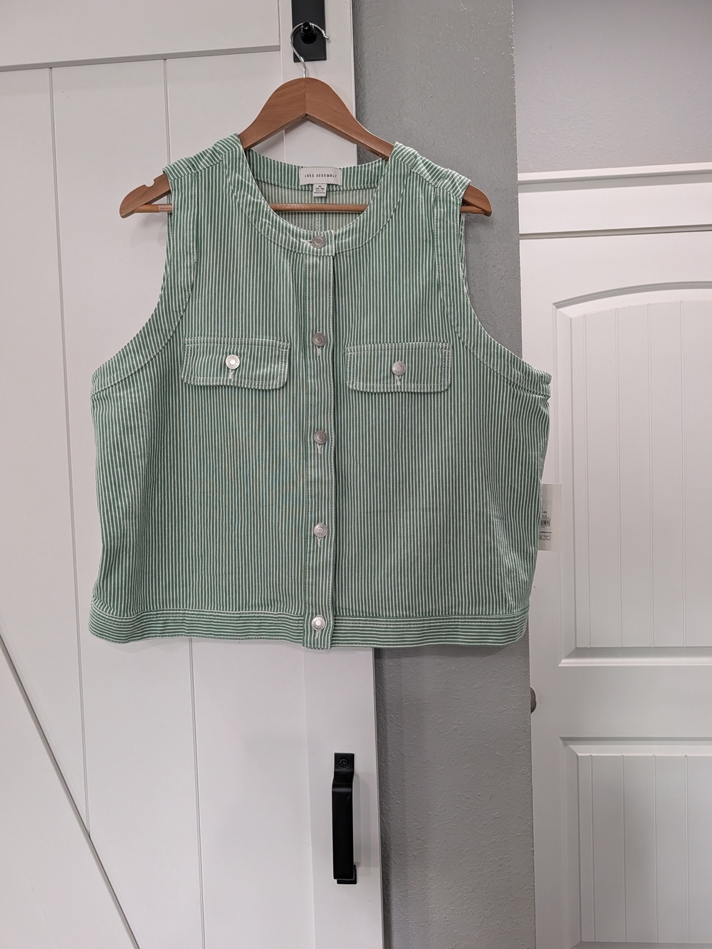 Sleeveless Button-Front Crop Shirt in Mint Stripe